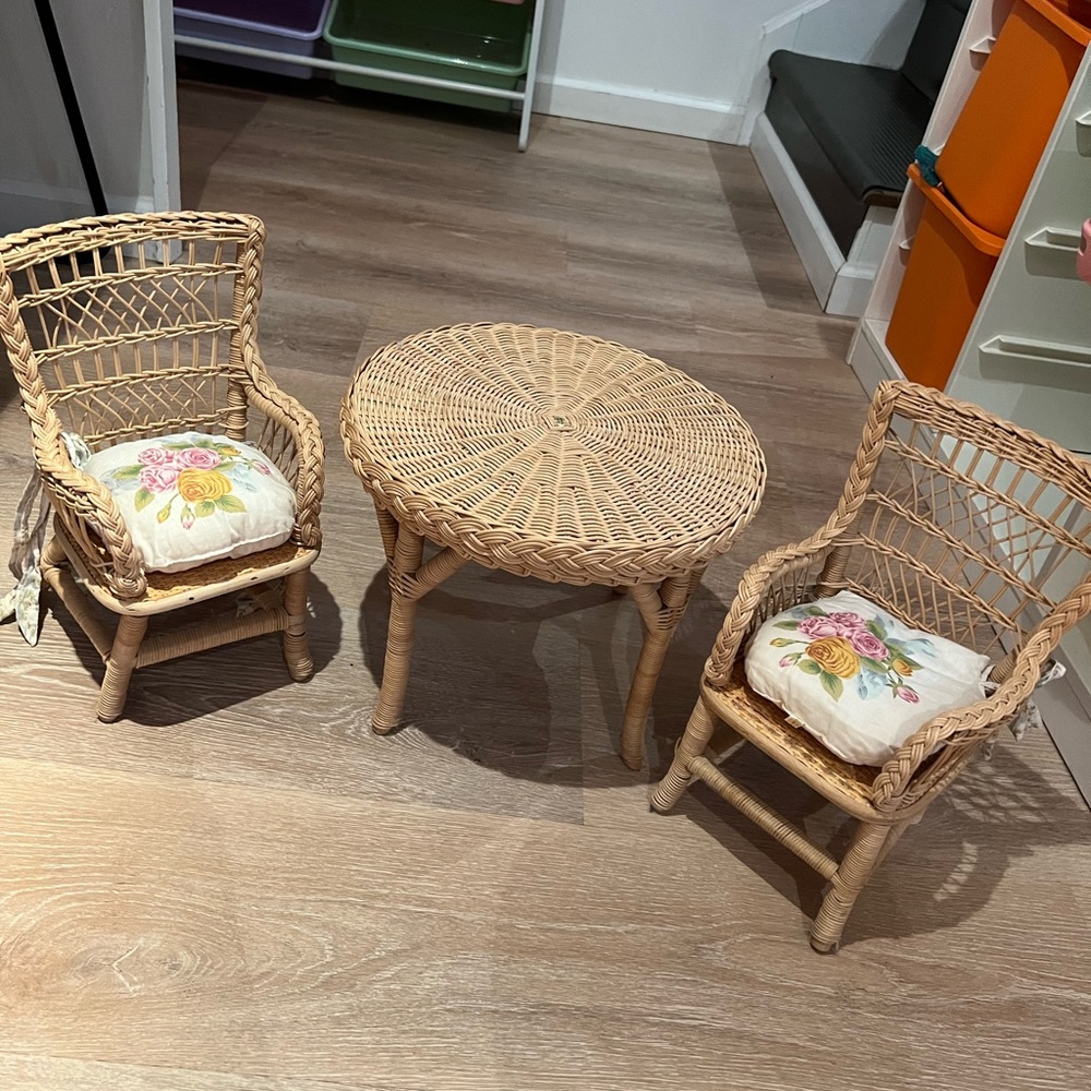 American Girl Wicker Doll Furniture Set - Tan with Floral Cushions